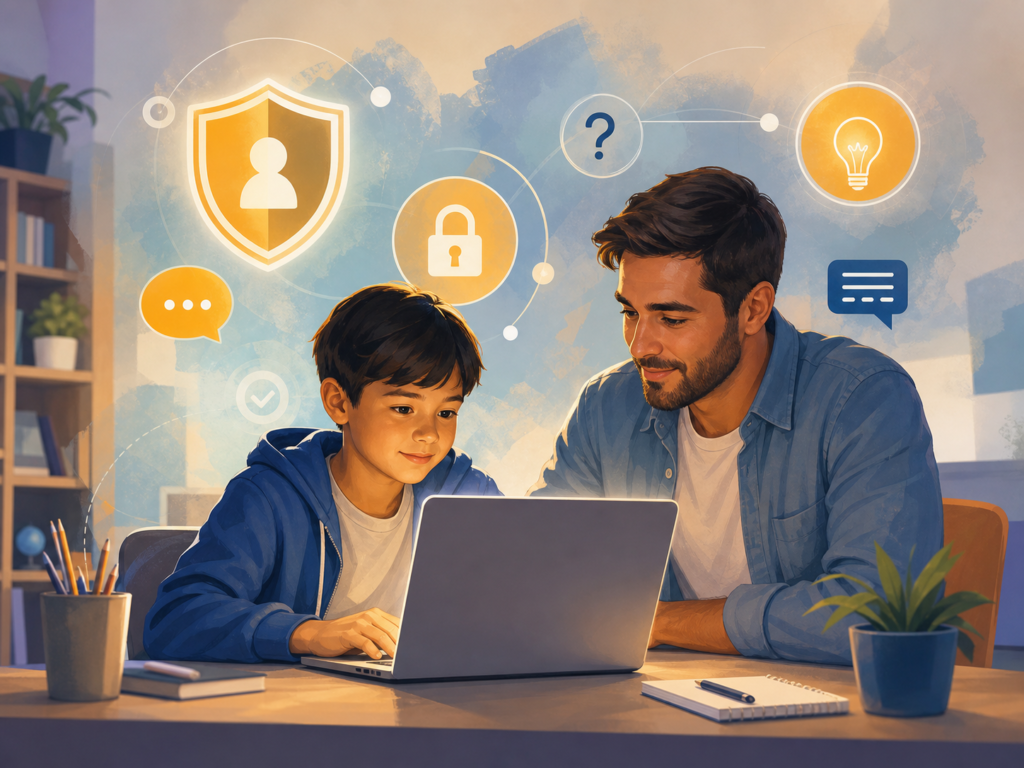 Editorial illustration of a student learning safe and responsible AI use with adult guidance in a creative technology enrichment setting.