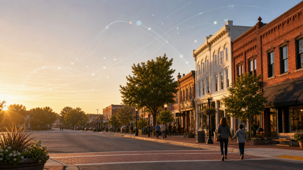 Historic downtown Mooresville NC inspired hero image for creative technology enrichment programs serving students, families, homeschool groups, and local communities.