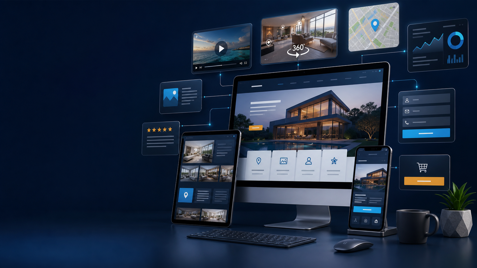 Modern website interface connecting video, virtual tours, analytics, lead forms, testimonials, and calls to action into a conversion-focused digital experience system.